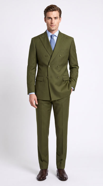 Men’s Olive Green Double-Breasted Suit – Classic Peak Lapel Wedding, Business Hunter Color