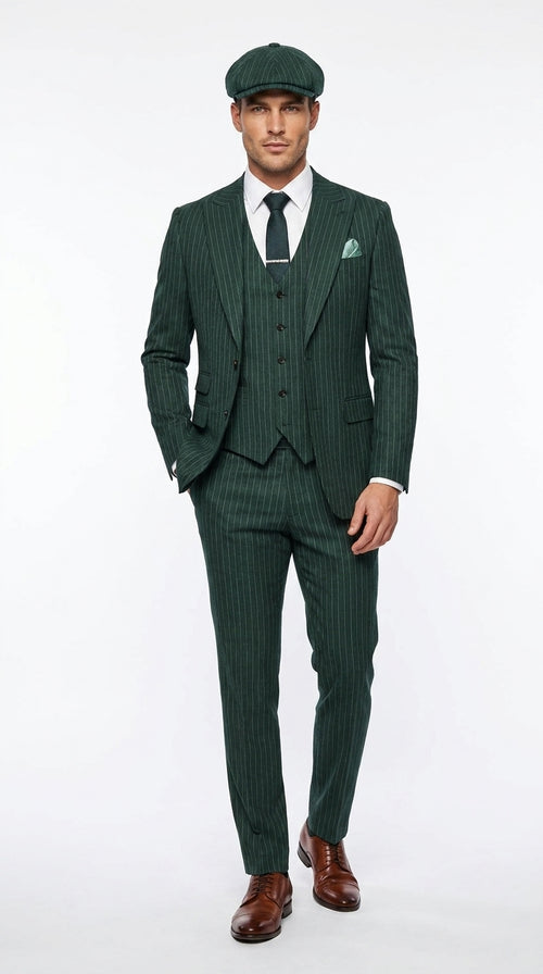 Men’s Hunter Green Pinstripe 3-Piece Suit – Vintage Wedding, Prom and Formal Suit with Matching Vest