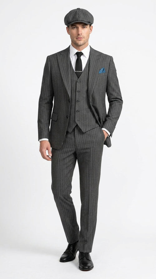 Men’s Thomas Shelby Peaky Blinders Gray Wool Suit Out fit Charcoal Grey Pinstripe 3-Piece Vintage 1920s Suit