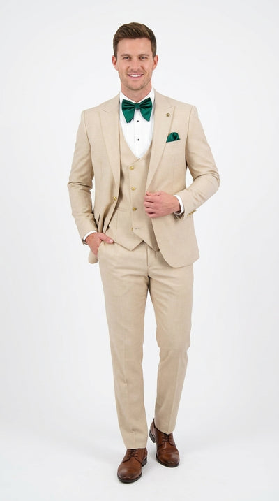 Men’s Khaki Tan 3-Piece Groomsmen Suit – Wedding Suit with Double-Breasted Vest and Pants Great Gatsby Style Gold buttons