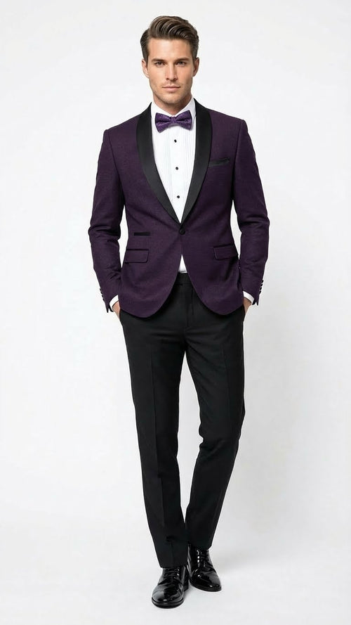 Mens Eggplant Plum Purple Tuxedo Blazer with Satin Lapel, White Tuxedo Shirt and Matching Purple Bow Tie - Slim Fitted - Prom wedding Suit With Pants
