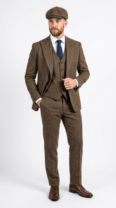 Peaky Blinder Men’s Brown Tweed 3-Piece Suit – Vintage Wedding, Business and Formal Suit with Matching Vest and Pants