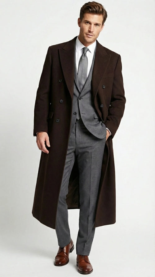 Mens Brown Long Overcoat Double Breasted Classic Formal Winter Coat for Business, Topcoat and Cold Weather Wear