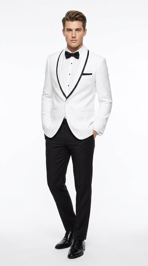 Men’s White Tuxedo Jacket – Black Trim Shawl Lapel Formal Dinner Blazer for Weddings, Prom Wedding Blazer Modern fit