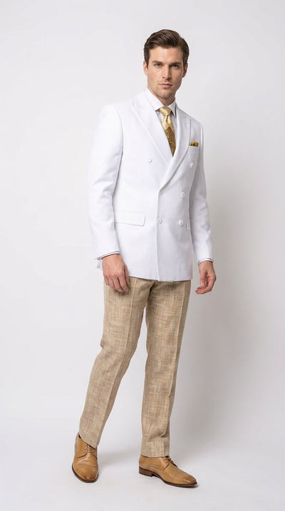 Menβs White Double Breasted Blazer, Formal Dress Jacket for Weddings, Prom, Parties, Dinner Events, and Special Occasions