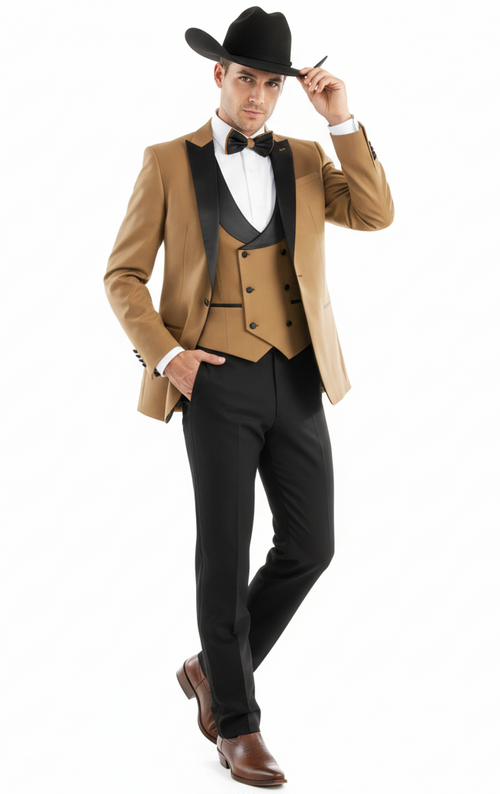 Mens Western Cowboy Tuxedo Tan and Black 3-Piece Suit with Satin Lapel and Vest in Mocca Coffee Color