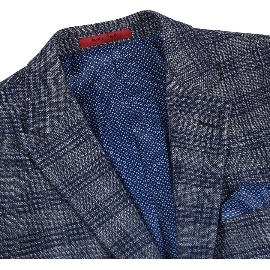 "Men's Slim Fit Two Button Sport Coat Blazer - Charcoal Grey & Blue Windowpane Plaid" - 34 Short
