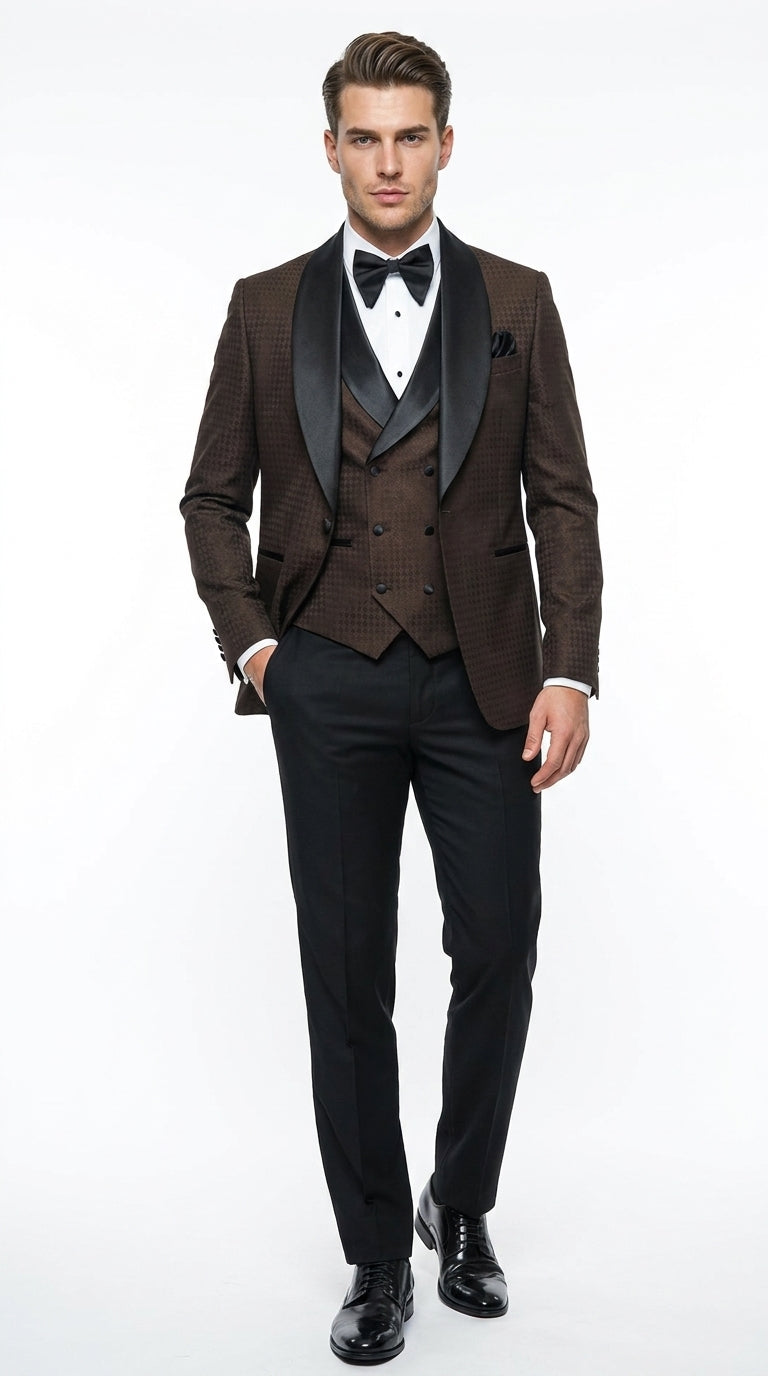 Men’s Chocolate Brown Tuxedo Suit – 3 Piece Shawl Lapel Wedding, Prom and Formal Dinner Tuxedo