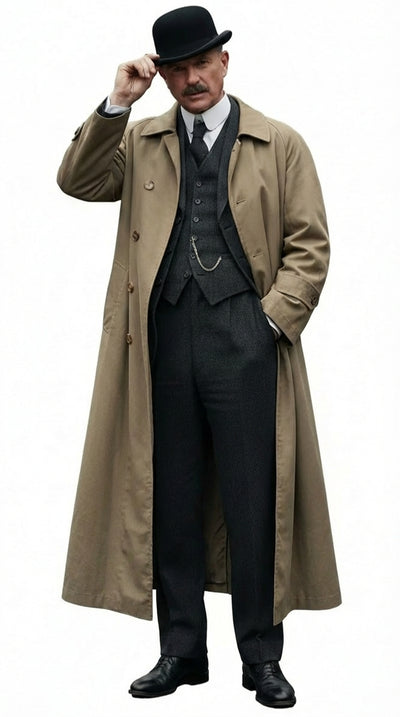 Men's Beige Cotton Trench Coat Suit Package – Classic Long Overcoat