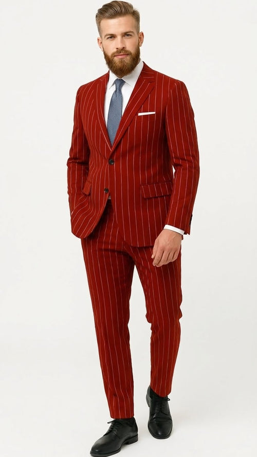 Mens Red Pinstripe Suit Stripe Two-Button Vested Suit 2 Buttons