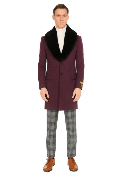 Mens Purple Wool Overcoat with Black Faux Fur Collar Luxury Winter Dress Coats for Formal and Casual Wears