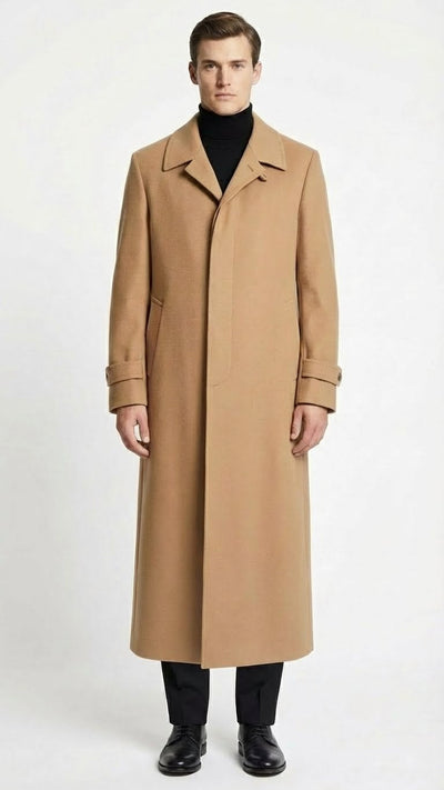 Mens Full-Length Camel Overcoat Classic Long Microfiber-Blend Coat for Winter and Formal Wear Maxi Duster Coat