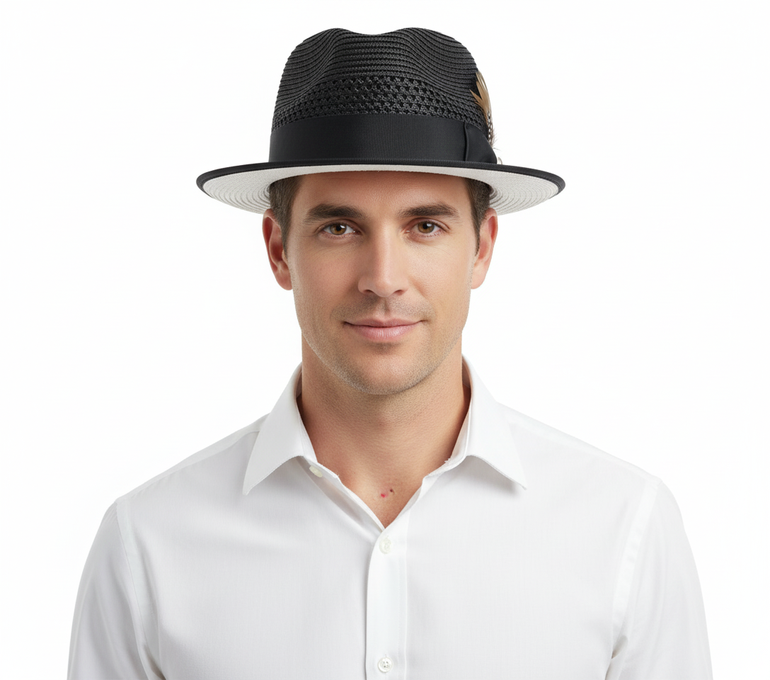 Mens Two-Tone Black and White Fedora Hat with Feather Accent Stylish Summer Dress Hat