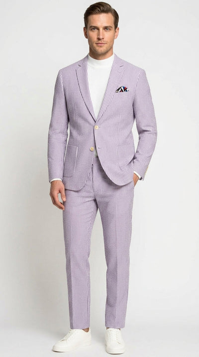 Men’s Lavender Seersucker 2 Piece Suit, Lightweight Summer Blazer and Pants Set for Weddings, Parties, Prom, and summer fabric
