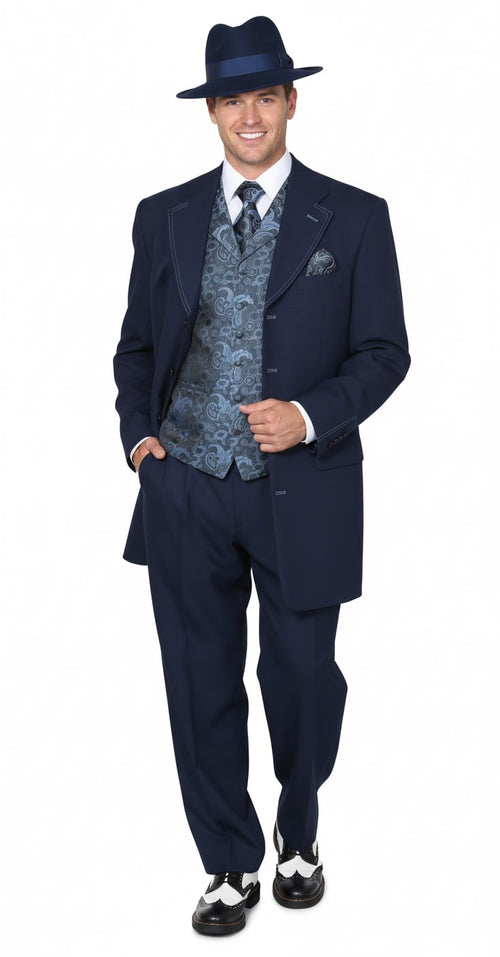 Mens 1920s Navy Blue Zoot Suit Vintage Gangster 3-Piece Long Jacket Suit Classic Fit Pleated Pants