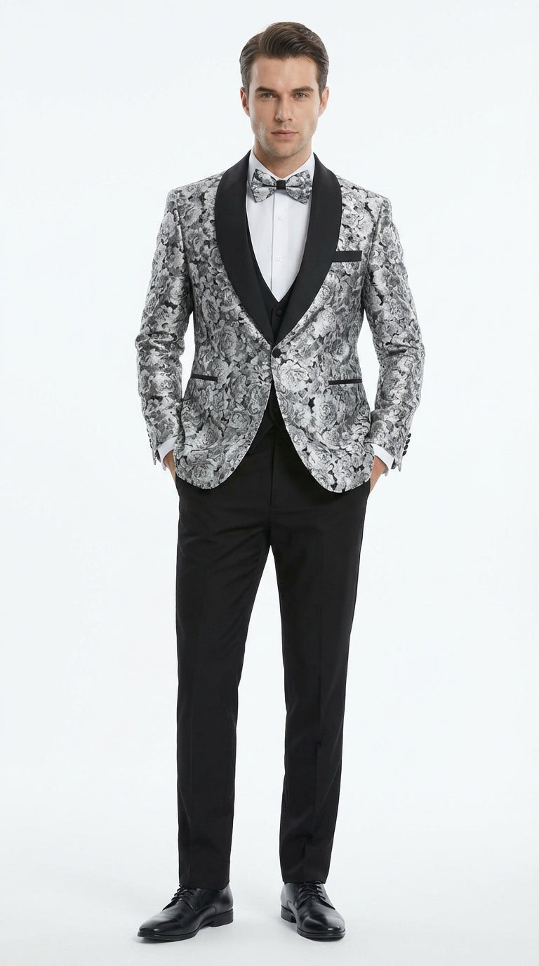 black and silver formal dress men's Silver Metallic Tuxedo Suit With Black Satin Peak Lapel for Men, Charcoal Grey Pants, All Sizes, Silver