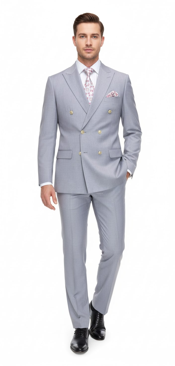 Mens Silver Grey Double-Breasted 3-Piece Suit β Classic Tailored Fit with Peak Lapel and Gold Buttons for Weddings, Church and Formal Events