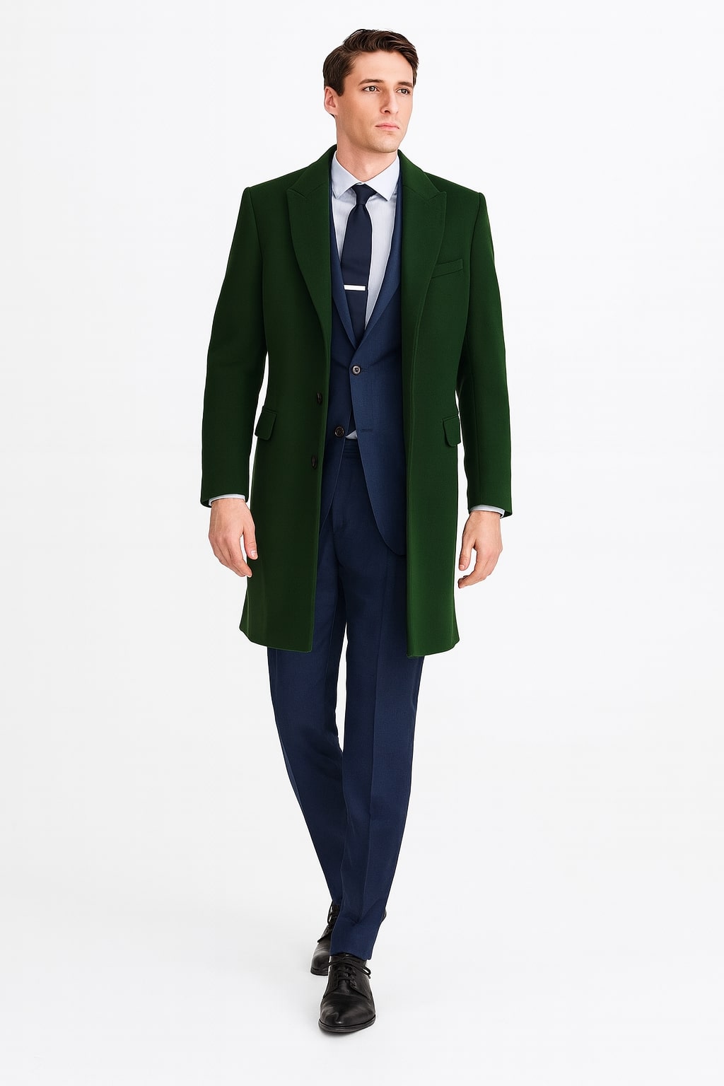 Mens Dark Green Wool Overcoat – Classic Long Coat for Formal and Casual Style - 46