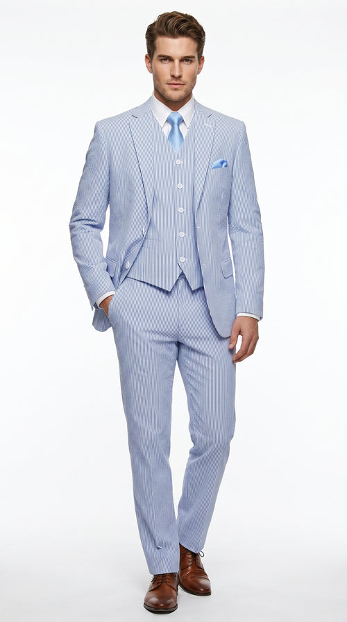 Cheap priced Suit - Mens 2 Button Jacket + Pants Summer Seersucker Blue Suit