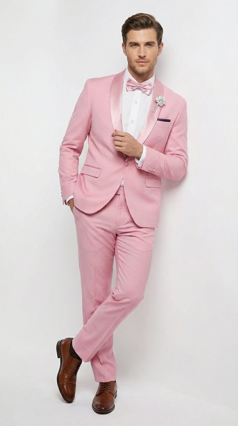 Mens Dusty Rose Pink Summer Tuxedo β Satin Shawl Lapel Formal Wedding Prom Suit