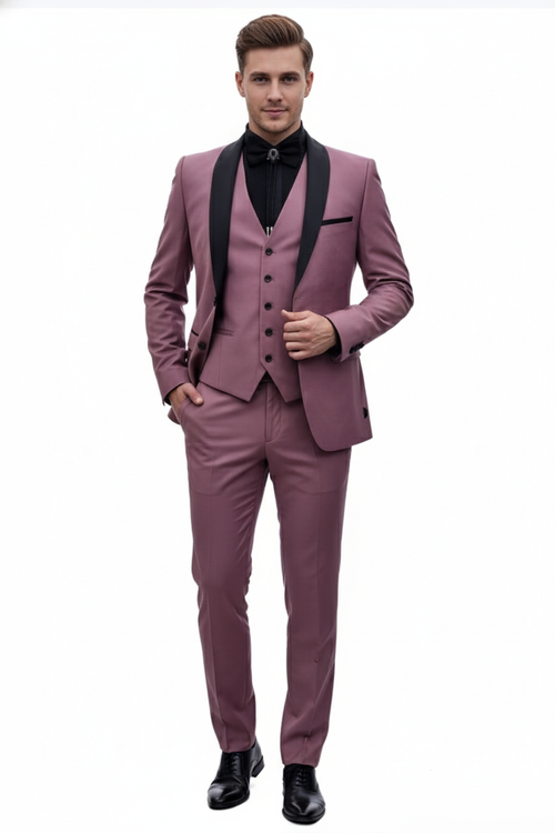 Men's Rose Pink Tuxedo Suit Luxury Three-Piece Formal Wear with Black Satin Lapel Dusty Mauve Color