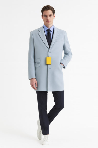 Mens Light Blue Wool Overcoat Modern Long Coat with Classic Tailored Fit in Sky Blue