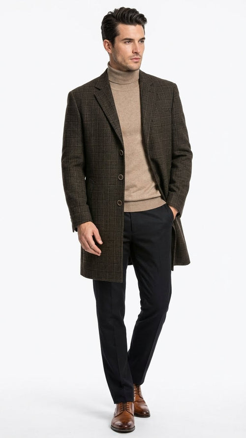 Mens Brown Checkered Wool Overcoat Long Winter Coat with Classic Plaid Pattern By Statement