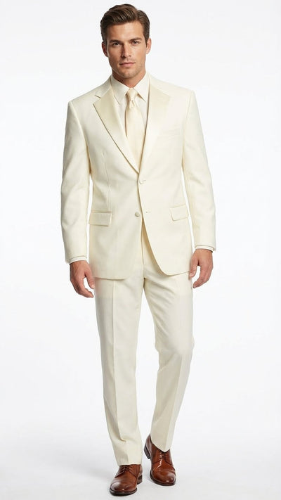 Mens Ivory Tuxedo Suit with Satin Notch Lapel Formal Wedding and Evening Wear Suit in Cream Off White Color