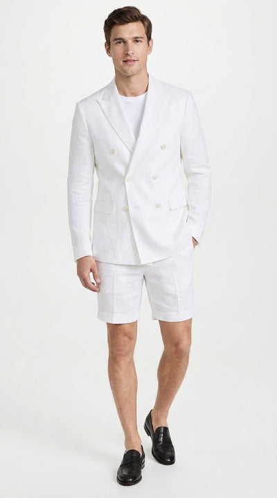 Men’s White Summer Suit with Shorts, 2 Piece Linen Style Wedding Beach Short Suit Set double breasted style