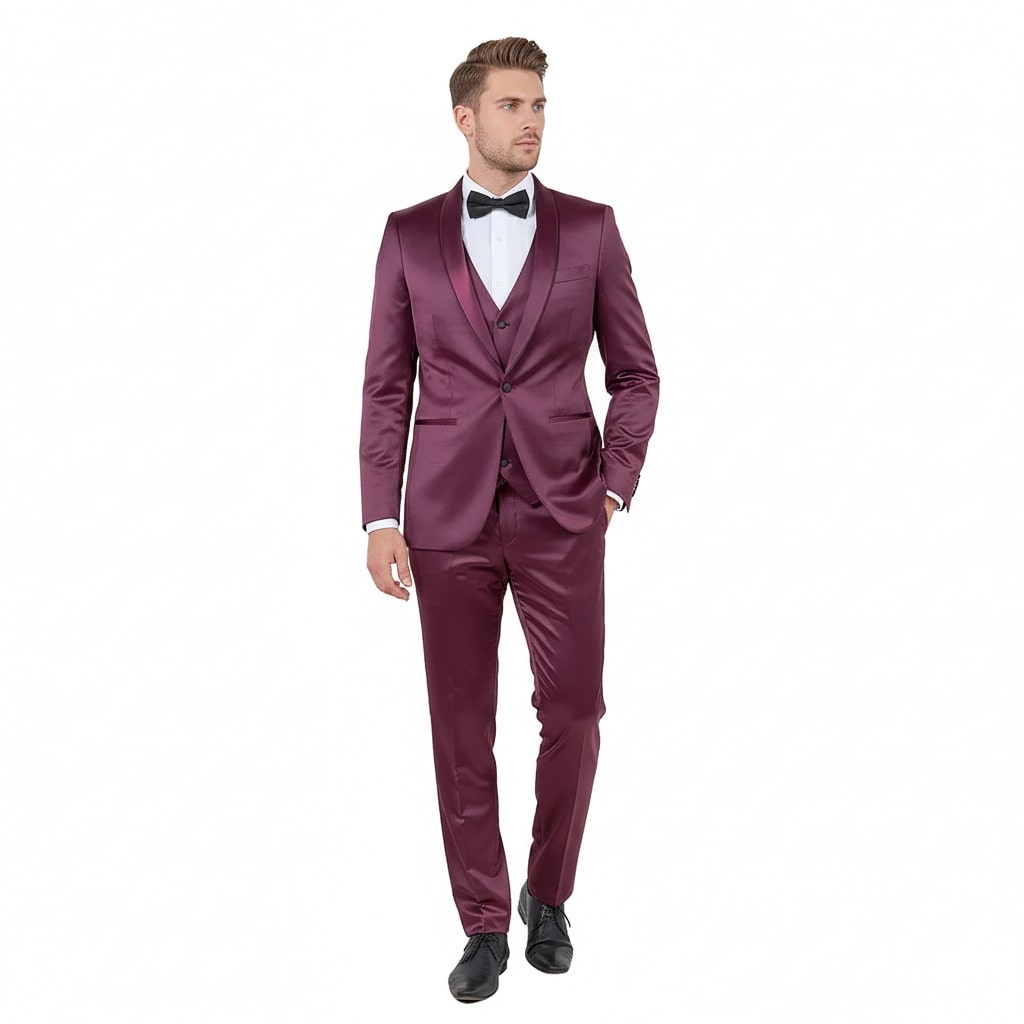 Mens Sateen Shiny Burgundy Slim Fit Tuxedo Satin Shawl Lapel 3-Piece Suit