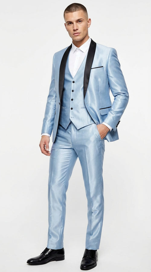 Mens Light Blue Shiny 3 Piece Suit with Black Shawl Lapel | Formal Wedding Prom Suit - Sateen Sharskin Suit