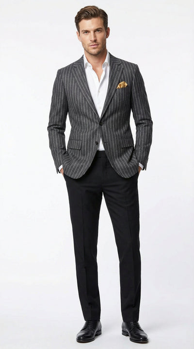 Mens Charcoal Pinstripe Blazer Classic Tailored Formal Jacket for Business, Office and Evening Wear