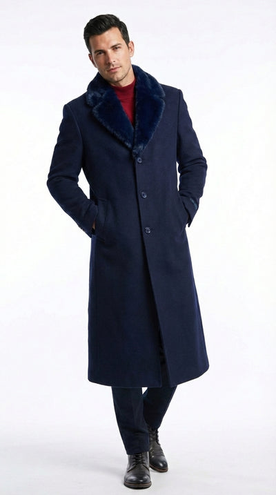Mens Dark Navy Blue Long Overcoat with Faux Fur Collar, Classic Winter Dress Coat for Formal