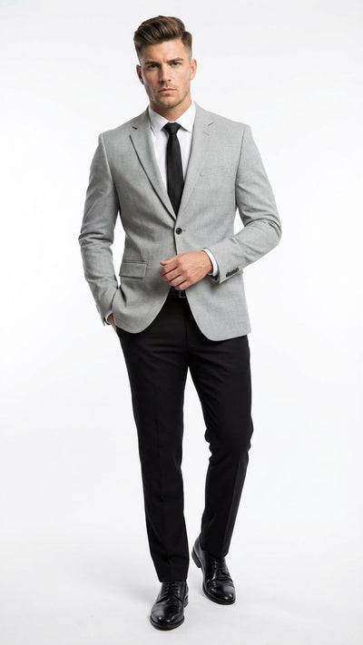 Mens Light Grey Slim Fit Blazer Sport Coat with Black Pants | Premium Formal and Smart Casual Outfit