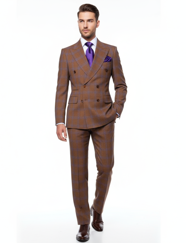 Mens Brown Plaid Double-Breasted Suit Premium 2-Piece Classic Checkered Windowpane Suit by Rossiman