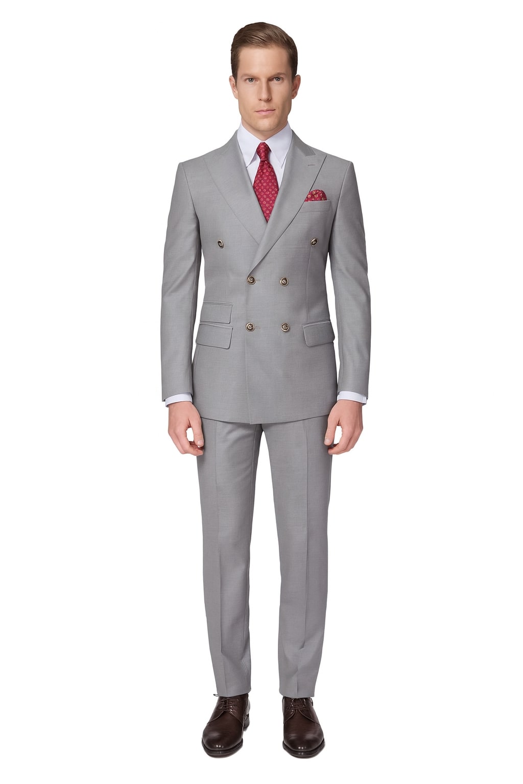 Mens Light Grey Double-Breasted Suit Classic Slim Fit Business and Wedding Formal Attire