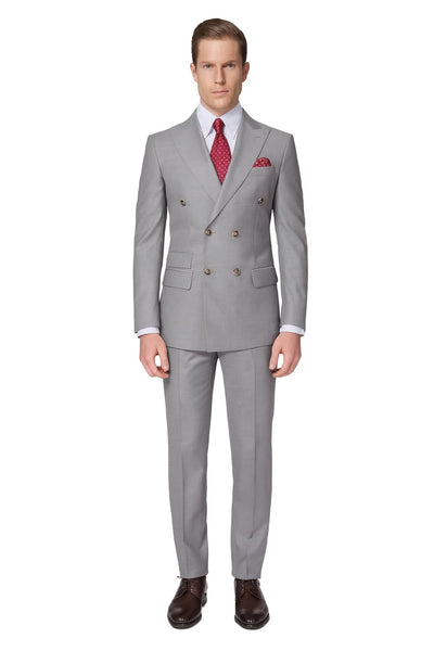Mens Light Grey Double-Breasted Suit Classic Slim Fit Business and Wedding Formal Attire