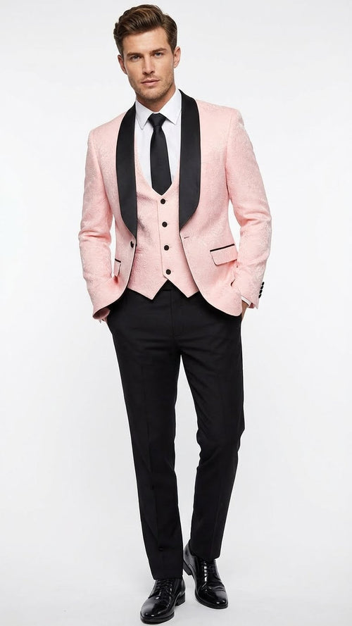 Mens Blush Pink Tuxedo Suit Set with Black Shawl Lapel 3 Piece Formal Wedding and Party Prom Vest + Black Pants