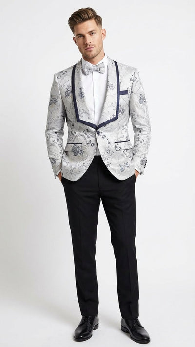 Mens White and Navy Blue Lapel Floral Jacquard Blazer with Contrast Shawl Lapel Luxury Wedding and Party Wear Jacket paisley Tuxedo Navy Pants