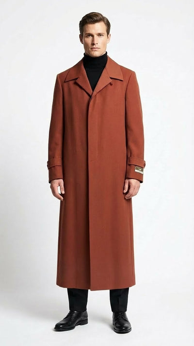 Mens Full-Length Cognac Overcoat Premium Wool-Blend Long Dress Coat for Winter and Formal Wear in Rust Brick Color