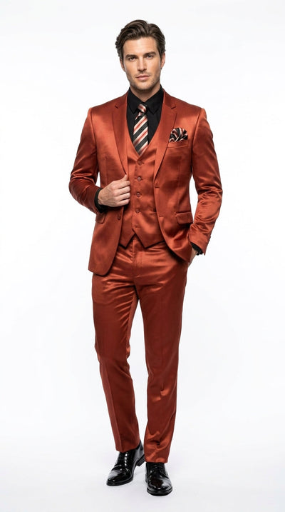 Men’s Rust Copper Coganc Shiny Sateen 3 Piece Suit, Vested Formal Wedding Prom Suit Set Ultra Slim Fit