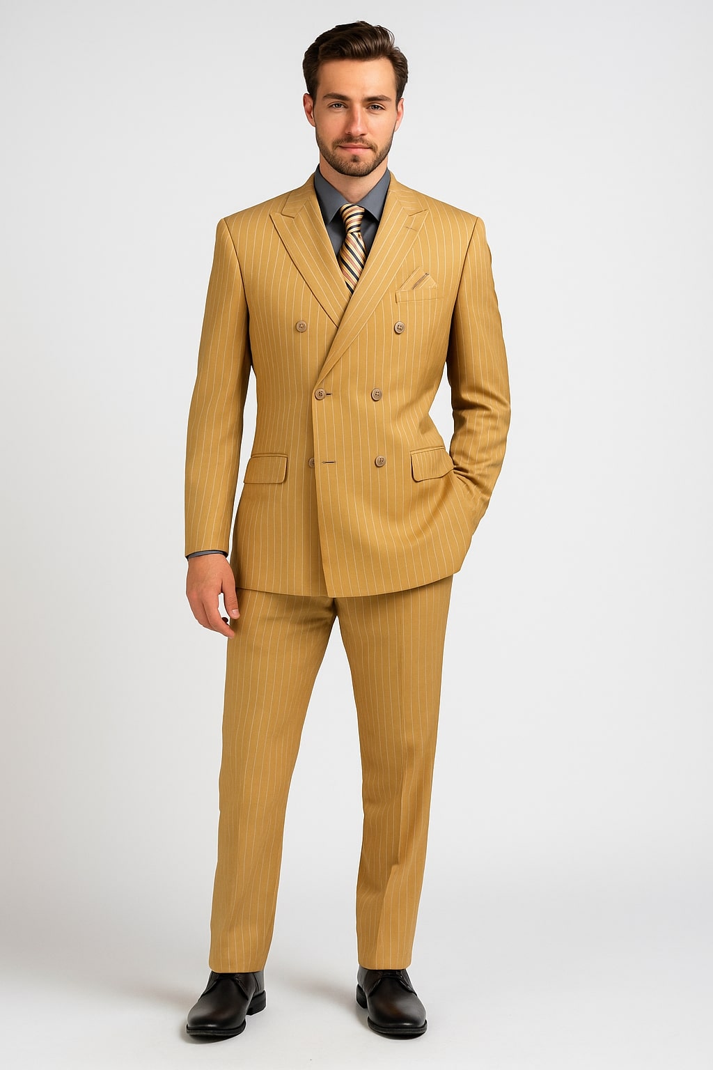 Mens Camel Tan Pinstripe Double-Breasted Suit β Bold 6-Button Modern Vintage Style