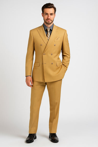 Mens Camel Tan Pinstripe Double-Breasted Suit Bold 6-Button Modern Vintage Style