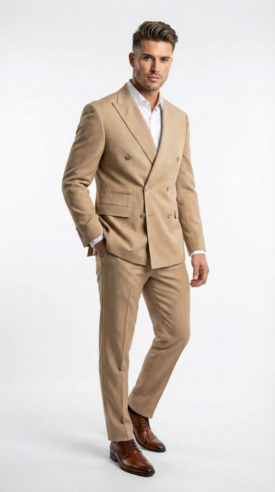 Vitali Brand Mens Beige Double Breasted Suit Classic Wedding, Prom & Party Wear Formal Outfit Khaki Camel Color