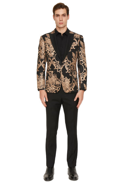 Mens Black and Rose Gold Floral Embroidered Blazer Suit Black Pants Luxury Tuxedo Jacket for Weddings, Proms and Parties