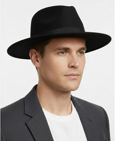 Mens Black Wide Brim Fedora Hat Classic Wool Felt Dress Hat with Matching Black Band