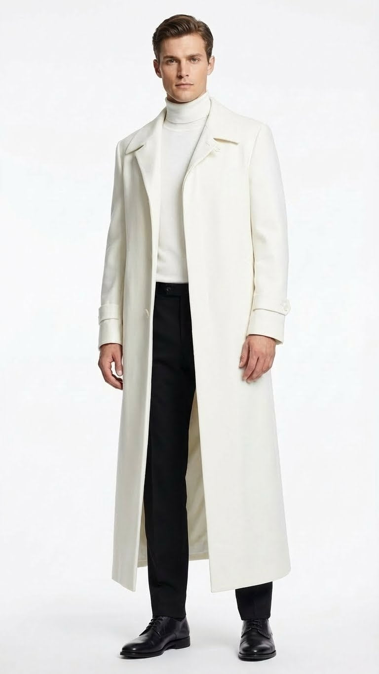 Mens Off-White Long Trench Coat Overcoat with Classic Clean Design Duster Maxi Coat in Ivory Color