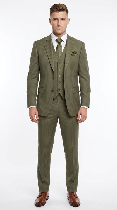 Men’s Olive Green Tone-on-Tone Shadow Pinstripe 3 Piece Suit – Modern Formal Suit with Vest Shadow Stripe