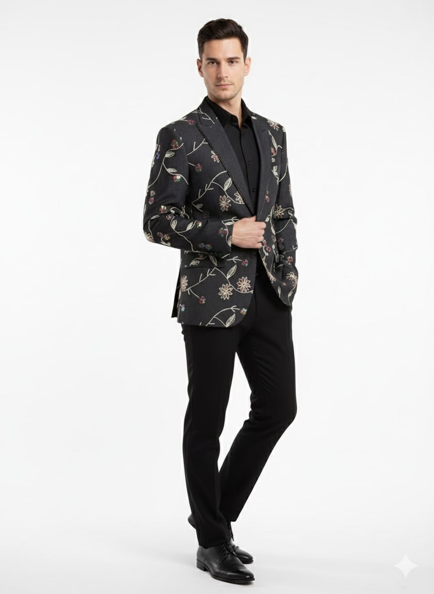 Luxury Black Floral Embroidered Blazer for Men β Designer Party and Wedding Wear Jacket