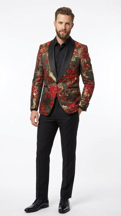 Mens Red and Gold Floral Pattern Paisley Shawl Lapel | Luxury Evening and Party Wear Jacket Prom Christmas New Year Blazer